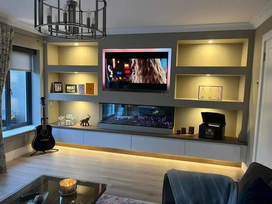 Grey Media Wall with Floating Shelves & Fire