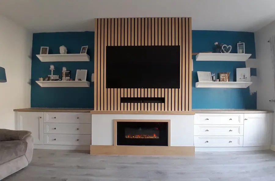 Slatted Oak Media Wall — Fire Lit